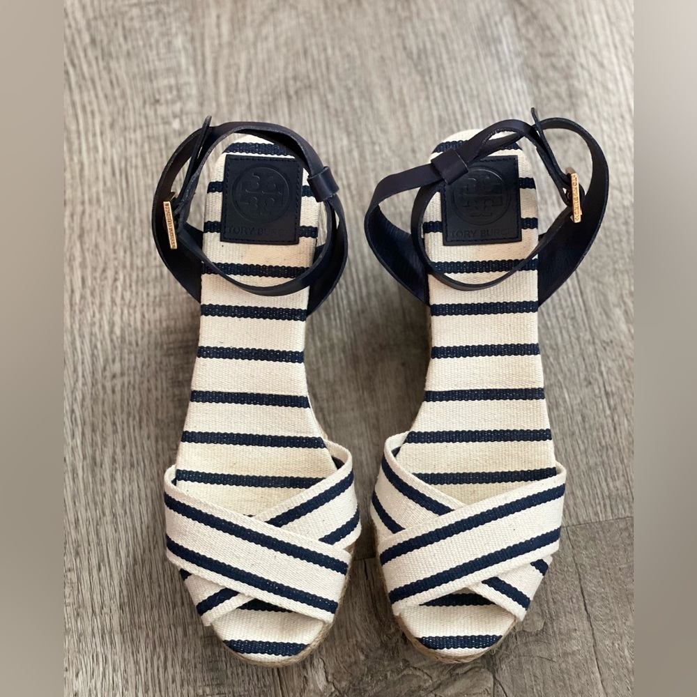 Tory Burch Navy and White Striped Espadrille Wedge Sandals - Picture 2 of 11